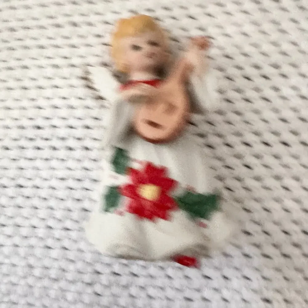 Vintage Taiwan Painted Poinsettia Ceramic Set 3 Choir Angel Girl Instruments MCM